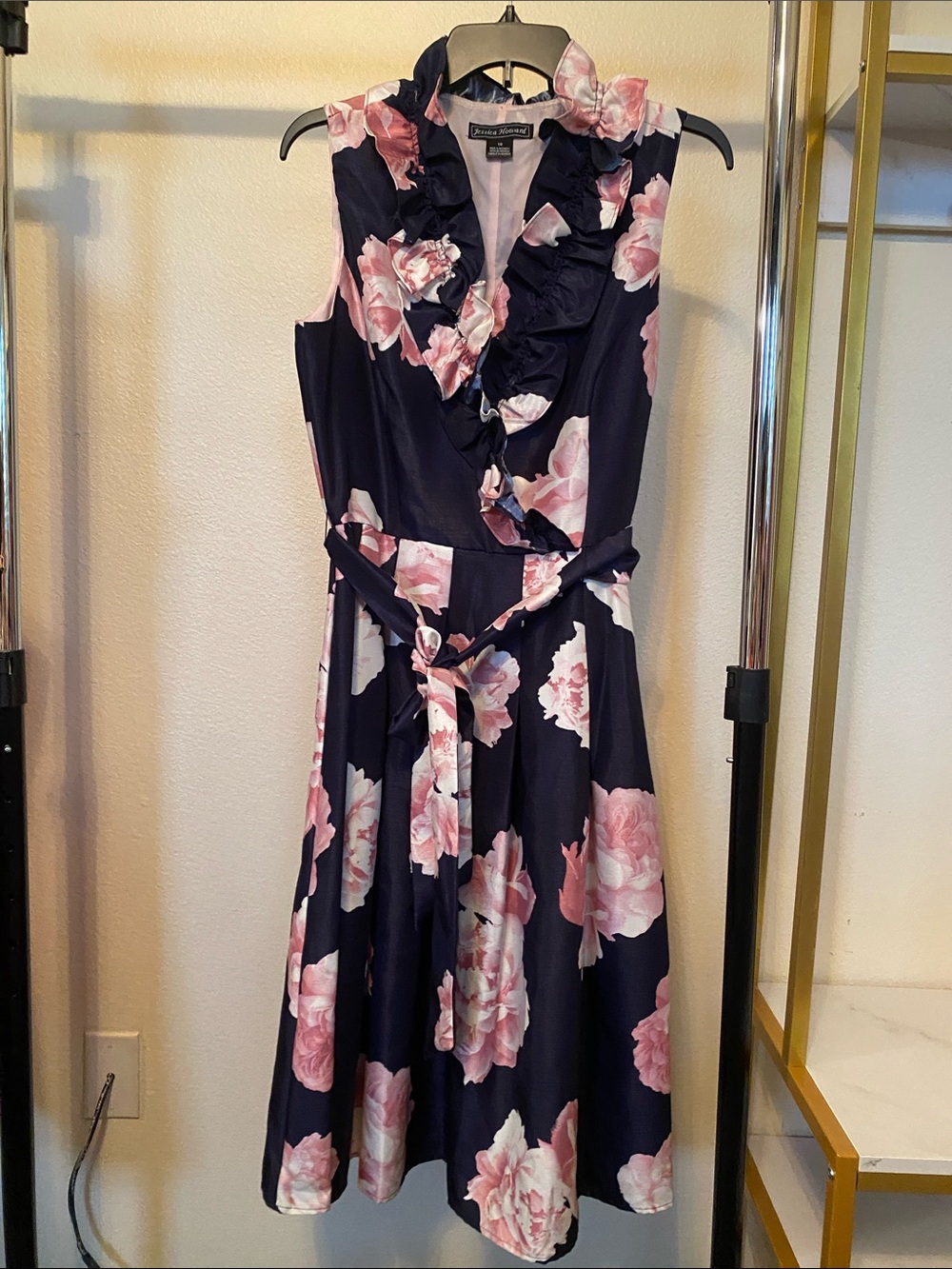 Jessica Howard Navy Midi Dress with Pink Floral Print and Ruffle Trim